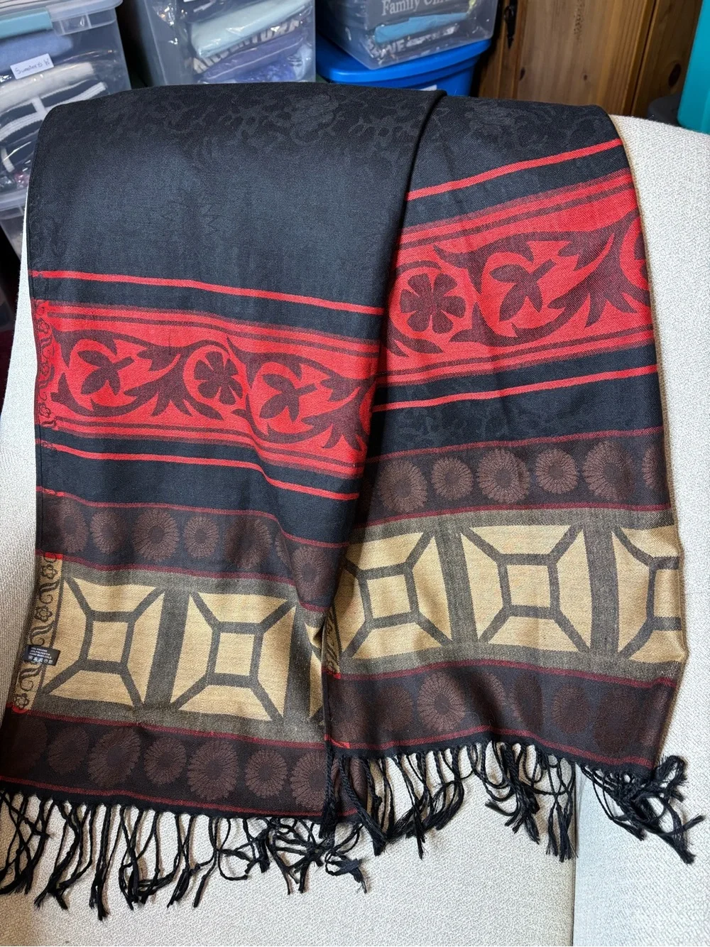 pashmina Black Red and Gold Jacquard Patterned Scarf